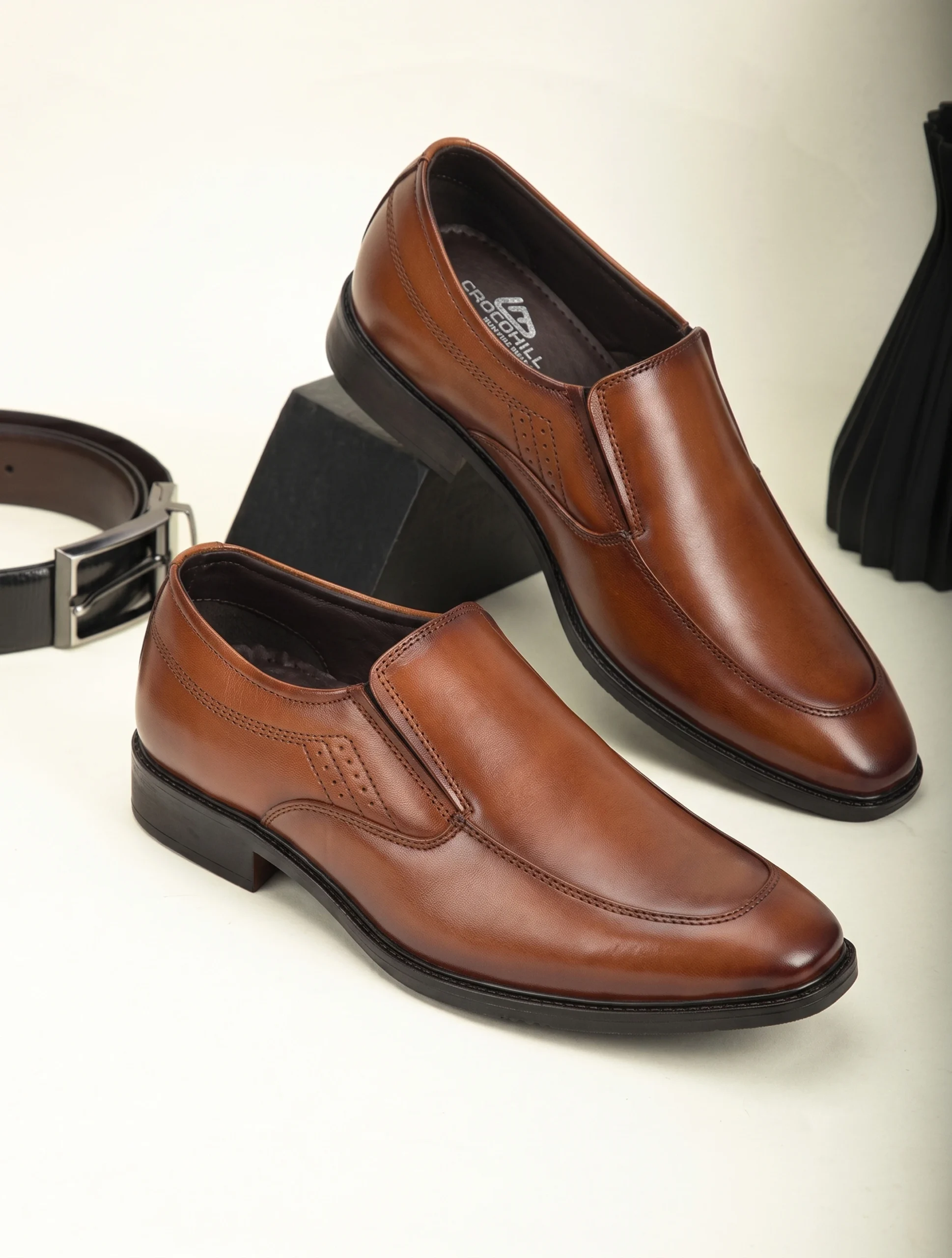 Crocohill Men's Premium Leather Slip-On Formal Shoes - Comfortable, Durable Dress Loafers in Black, Brown, and Tan